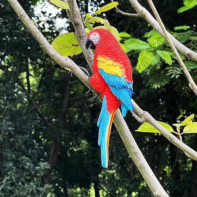 Realistic Parrot Sculpture Resin Hanging Parrots Garden Statues Lifelike Bird Figurines Landscape Ornament Patio Yard Lawn Figurine Tree Decor, Outdoor Garden Wall Statues (Red)-VerdiqueGarden