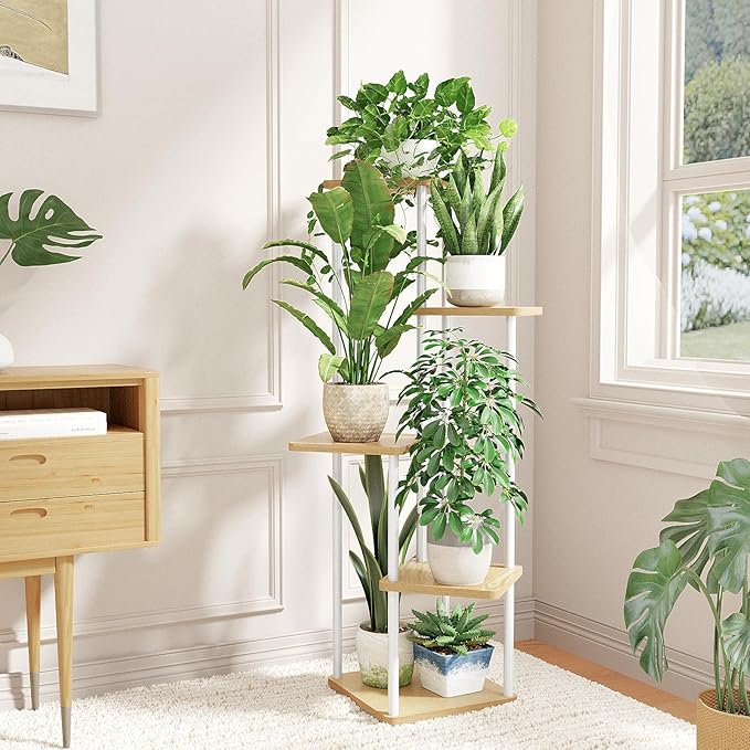 Bamworld Corner Plant Stand Indoor, Tall Metal Plant Shelf for Multiple Plants, 5 Tier Flower Stand for Patio Garden Balcony Living Room Bedroom(White)-VerdiqueGarden