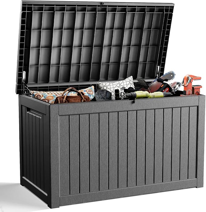 DRATO 230 Gallon Deck Box, Outdoor Large Waterproof Resin Storage Box with Lockable Lid for Patio Cushions, Gardening Tools, Sports Equipment, Black-VerdiqueGarden
