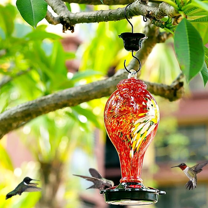 LUJII Hummingbird Feeders for Outdoors, Hand Blown Glass, Never Fade, 36 Fluid Ounces, 5 Feeding Stations, Much Bigger, Garden Backyard Decorative, Containing Ant Moat (Red)-VerdiqueGarden
