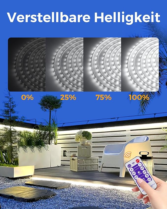 32.8FT 600LED Solar LED Strip Lights Outdoor, Outdoor String Lights Waterproof, 8 Modes Solar Rope Lights with Remote for Step, Stair, Deck, Fence, Patio,Yard Decor (Cool White, 32.8 FT)-VerdiqueGarden