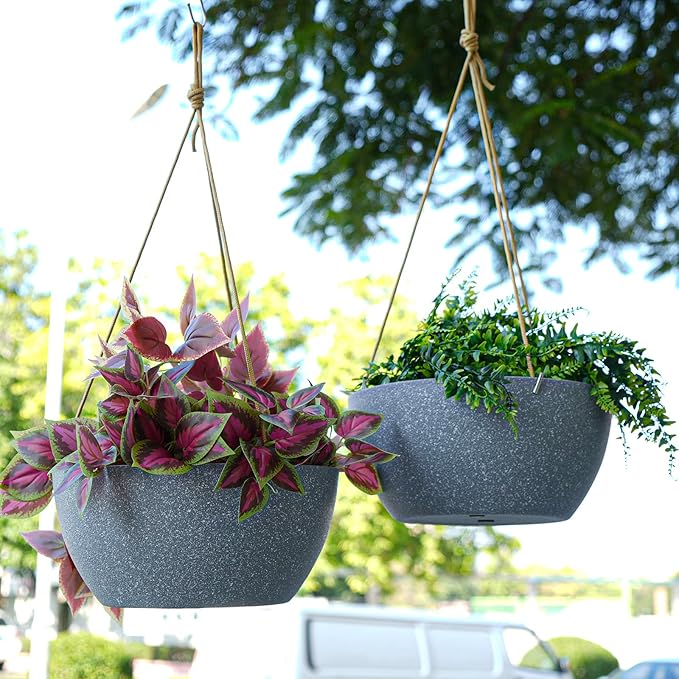 12 Inch 2 Pack Large Hanging Planters for Indoor Outdoor Plants, Plastic Hanging Basket Pots for House Plants Flowers, Grey-VerdiqueGarden