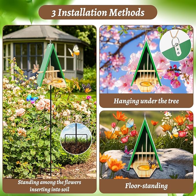 2025 New Butterfly House and Feeder for Outside, Wooden Butterfly House with Metal Stake for Garden, Natural Butterfly Habitat with Butterfly Puddler on The Floor or Hanging on Tree Wall-VerdiqueGarden