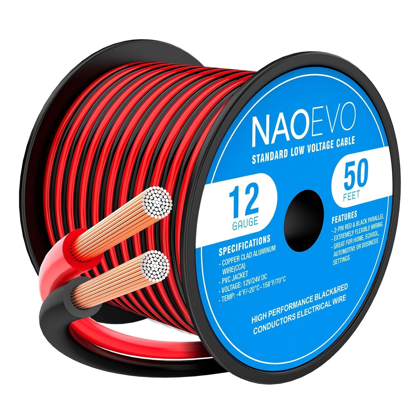 NAOEVO 12 Gauge Wire 50FT, 2 Conductors Electrical Wire Red Black Cable, Flexible/Low Voltage/PVC 12 AWG Copper Clad Aluminum Extension Cord for Speaker, LED Strips, Automotive 12V/24V DC-VerdiqueGarden