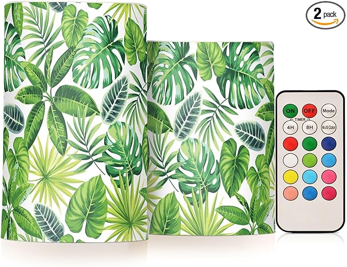 Flickering Flameless Candles, Tropical Palm Leaves Exotic LED Candles with Remote Timer, Set of 2 Battery Operated Candle for Valentine Wedding Birthday-VerdiqueGarden