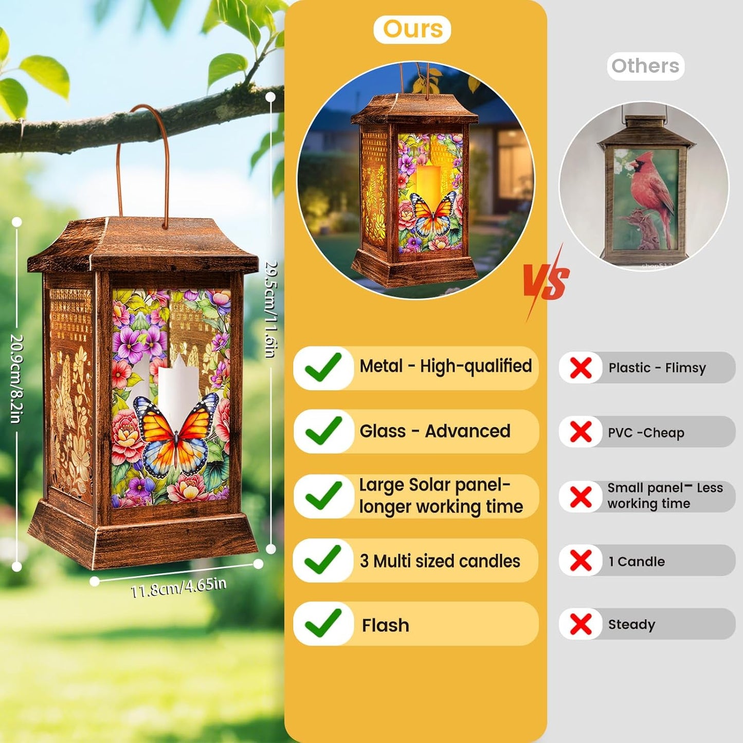 Butterfly Solar Lanterns Outdoor Waterproof, Metal & Glass Hanging Lights Garden Decor, Birthday Gifts for Women Mom Grandma Mothers Day, Decorative Lights for Outside Yard Patio Backyard Porch-VerdiqueGarden