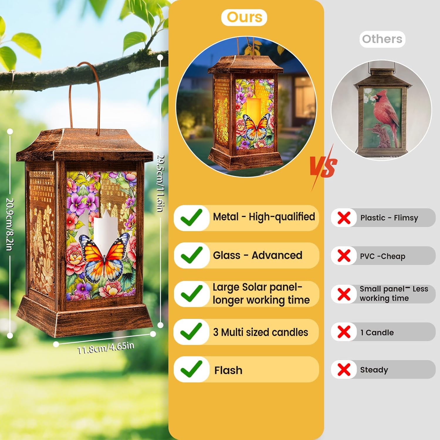 Butterfly Solar Lanterns Outdoor Waterproof, Metal & Glass Hanging Lights Garden Decor, Birthday Gifts for Women Mom Grandma Mothers Day, Decorative Lights for Outside Yard Patio Backyard Porch-VerdiqueGarden