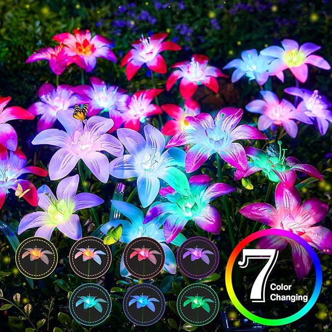 Solar Garden Lights Outdoor, 8 Pack Blooming Lily Solar Flowers Outdoor Waterproof, 7 Color Changing Bigger Flower Lights for Yard Patio Decor, Gift for Mom-VerdiqueGarden