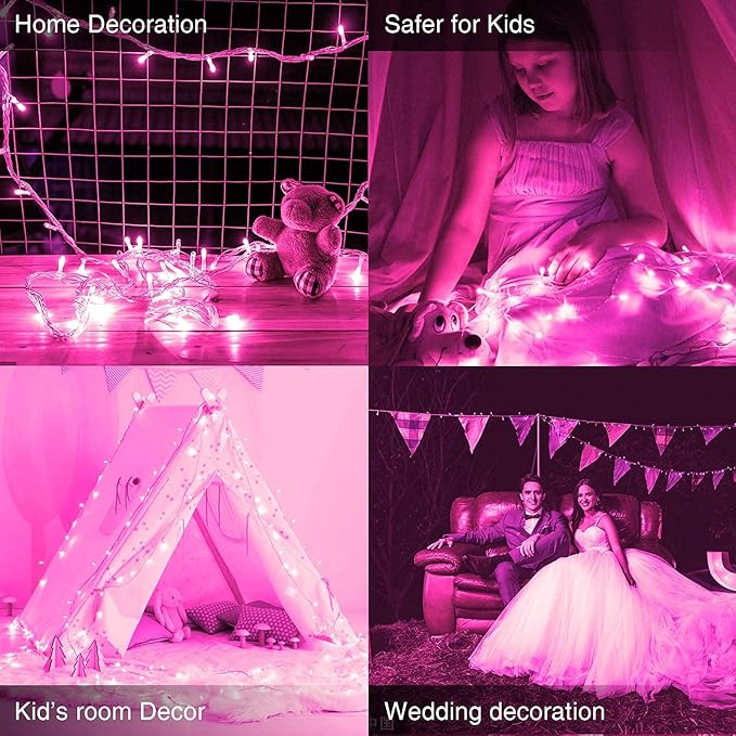 JMEXSUSS Connectable 100 LED Room Lights, 33ft 8 Modes Pink Christmas Lights Clear Wire, Plug in Pink String Lights Indoor Outdoor for Room Decor Christmas Tree Bedroom Valentines Party-VerdiqueGarden