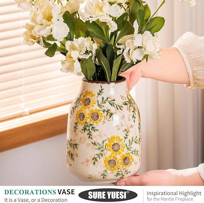 Sunflower Vintage Ceramic Yellow Floral Vase, Beige and Green Chinoiserie Home Decor for Fireplace Mantle, Table Centerpieces, Kitchen Counter, Tuscan, Cute Flower Vase for Living Room Office 7.8 Inch-VerdiqueGarden