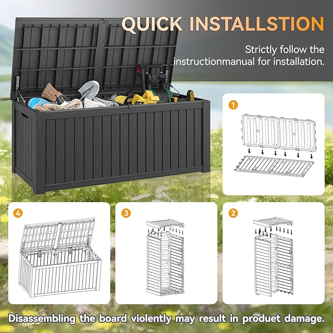 NUNU LAB 180 Gallon Outdoor Storage Box,Large Resin Sturdy Deck Box, Backyard Outside Storage Box Waterproof with Double Wall Panels,Package Delivery Garden Hose Storage Bin Outdoor Tool-VerdiqueGarden