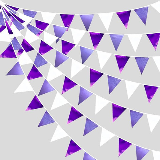 Purple and White Party Decorations Metallic Fabric Ombre Purple White Triangle Pennant Banner Flag Bunting for Graduation Birthday Engagement Wedding Bachelorette Lavender Lilac Violet Party Supplies-VerdiqueGarden