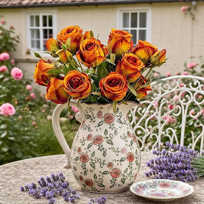 Green and White Vintage Vase with Handle, Red Rose Chinoiserie Floral Pitcher Vase, Rustic Ceramic Farmhouse Vases for Home Decor, Living Room, Bookshelf, Office, Grand Millennial Decor 7.9 Inch-VerdiqueGarden