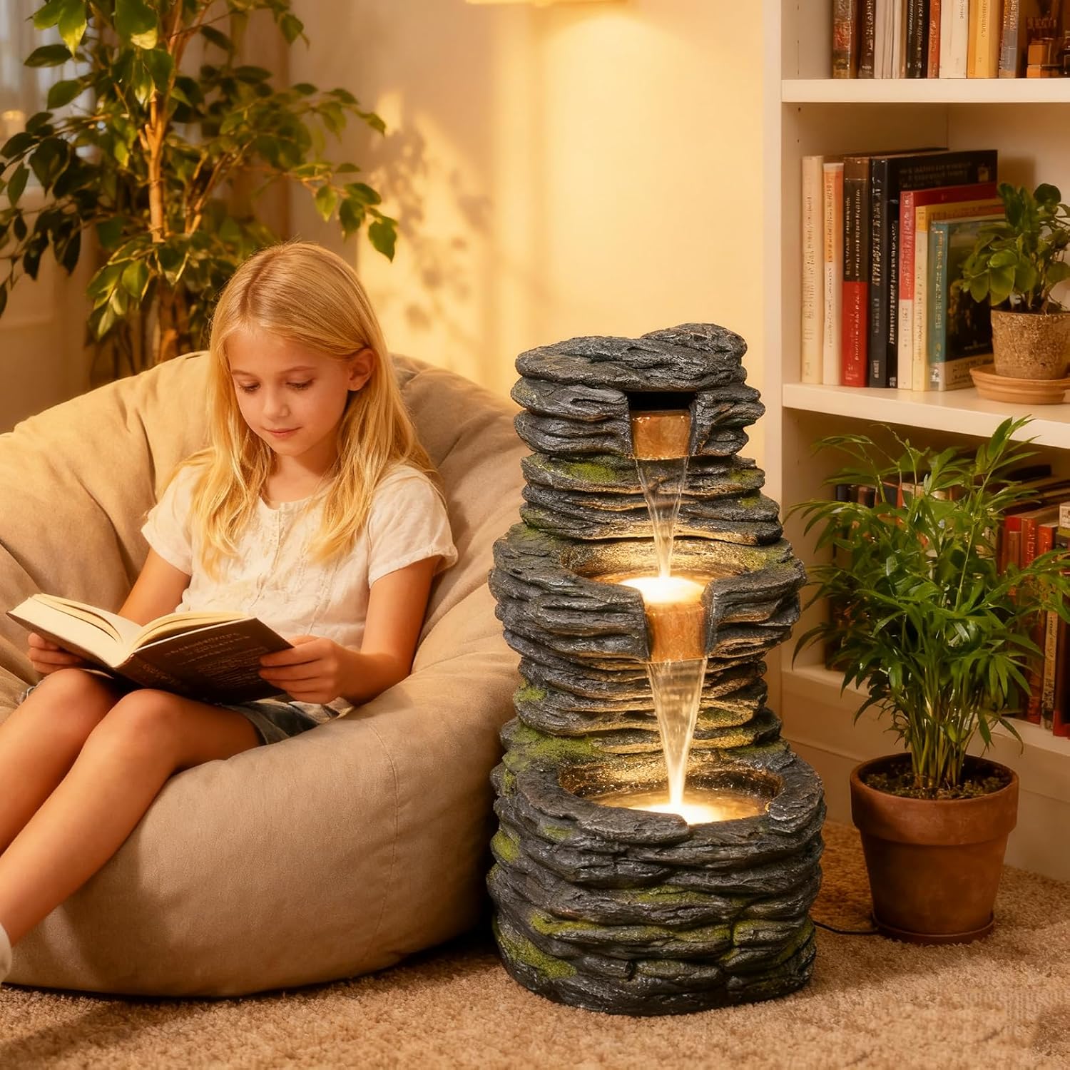 28.8” Tall Rock Water Fountain Outdoor Garden, 3-Tiers Cascading Rock Natural Waterfall Fountains with LED Lights, Indoor Resin Water Feature Fountain for Patio, Garden and Backyard, Deck, Porch, Home-VerdiqueGarden