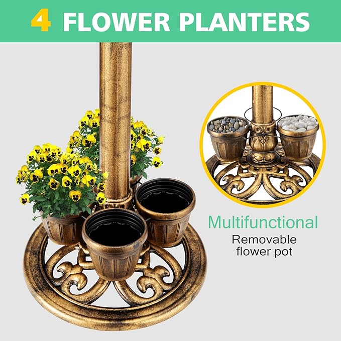 Bird Bath for Outside with 4 Removable Flower Planters 28in Polyresin Lightweight Vintage Birdbath for Outdoors Stake Standing Bowl and Water Feeder Yard Garden Decor Bronze-VerdiqueGarden