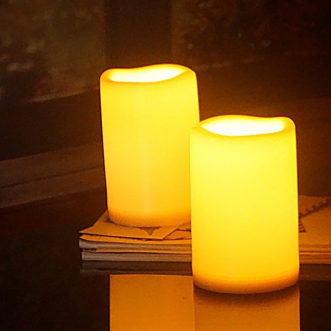 Waterproof Outdoor Flameless Candles with Remote, Set of 2, Large 4” x 6” Battery Operated Electric LED Pillar Candle Set for Home Décor Party Wedding Supplies Garden Christmas Decoration Gift-VerdiqueGarden