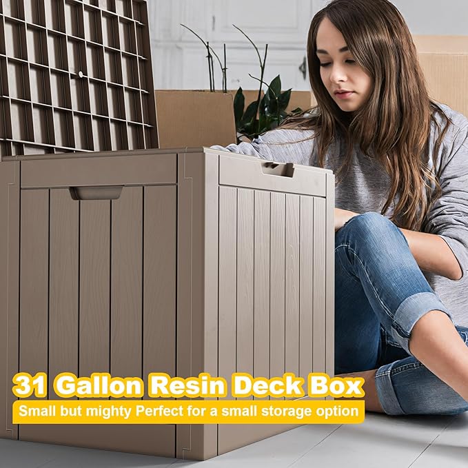 30 Gallon Resin Deck Box, Lockable Outdoor Storage Box for Patio Cushions Storage Furniture,Garden Tools, Pool Supplies, Weatherproof and UV Resistant- Grey-VerdiqueGarden