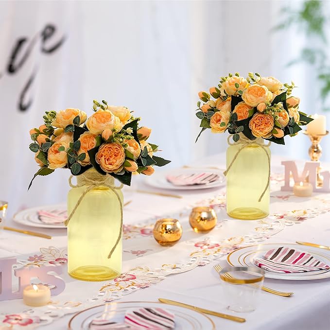 Vintage Glass Flower Vase，12 Pack Gold Amber Farmhouse Glass Centerpiece Vases Mason Jars for Weddings, Parties & Home Decor Bulk (12, Gold)-VerdiqueGarden