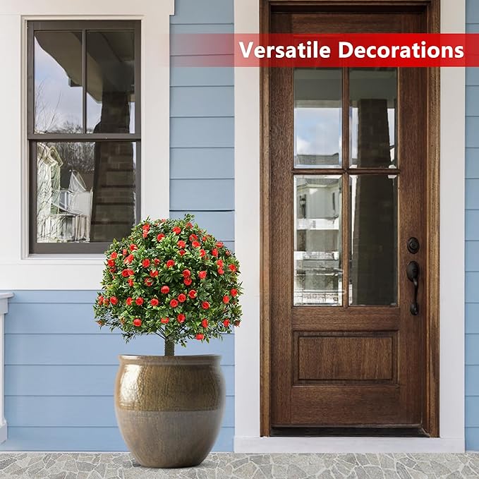 28" Artificial Boxwood Topiary Tree with Rose, Set of 2 Artificial Shrub Bushes with Ground Spike, Fake Evergreen Tree for Porch, Artificial Plants for Outdoor Planters Indoor UV Resistant-VerdiqueGarden