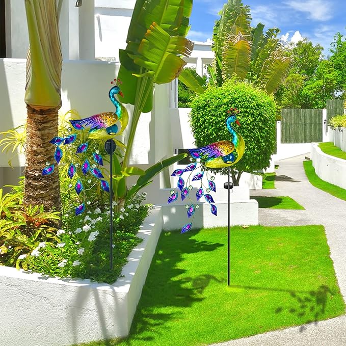 DREAMSOUL Solar Garden Lights Outdoor, Metal Peacock Decor Solar Lights Garden Stakes with Led String Lights, Waterproof Crackle Glass Ball Landscape Path Light for Lawn Patio-VerdiqueGarden