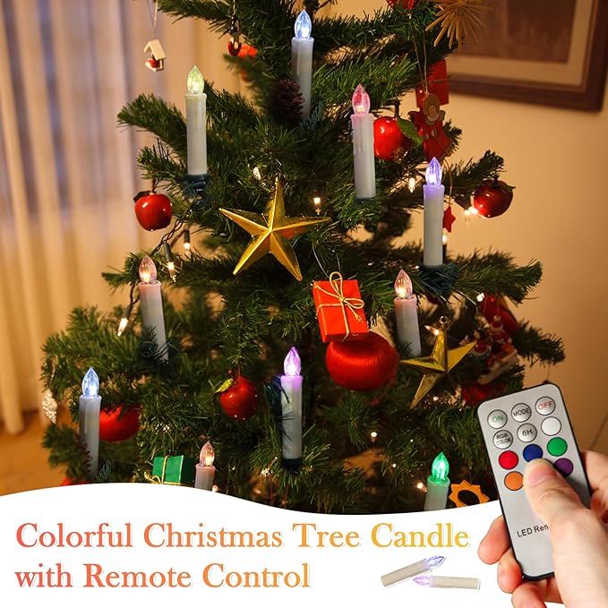 Colorful Christmas Tree Candle Lights Battery Powered Remote Control LED Taper Candles with Clips Electric Fake Candles for Halloween Garden Holiday Wedding Parties Decor (30 PCS,Colorful)-VerdiqueGarden