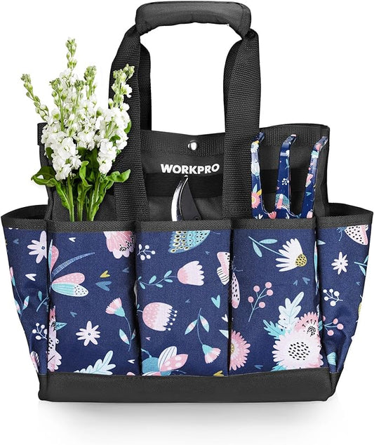 WORKPRO Garden Tool Bag, 9-Pocket Heavy Duty Oxford Tote Bag, Gardening Tool Kit Holder, 12" x 12" x 6" (Blue Insects)-VerdiqueGarden