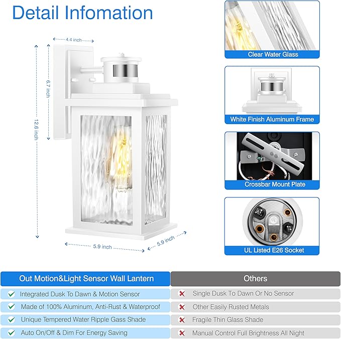 VIANIS Motion Sensor Outdoor Lights, White Dusk to Dawn Outdoor Lighting Wall Mount, Aluminum Waterproof Modern Exterior Garage Lights, Outdoor Lanterns for Front Porch Patio, Entryway, Front Door…-VerdiqueGarden
