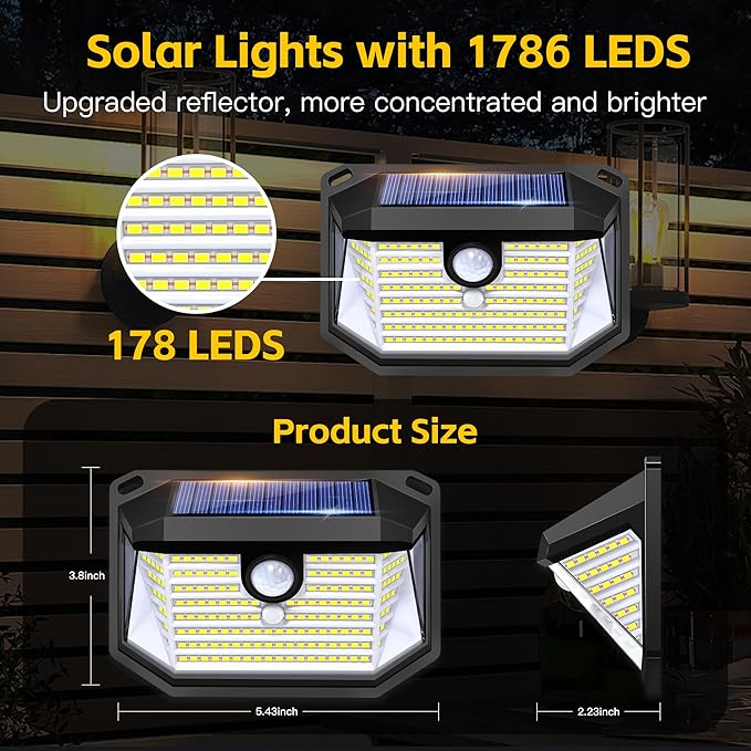 Solar Lights Outdoor Motion Sensor, 178 LED 300LM Waterproof IP65, Wall Mounted Security Light with 3 Modes, 270° Wide AngleWide Angle, Solar Powered for Garden, Yard, Patio, Front Door(4Pack)-VerdiqueGarden