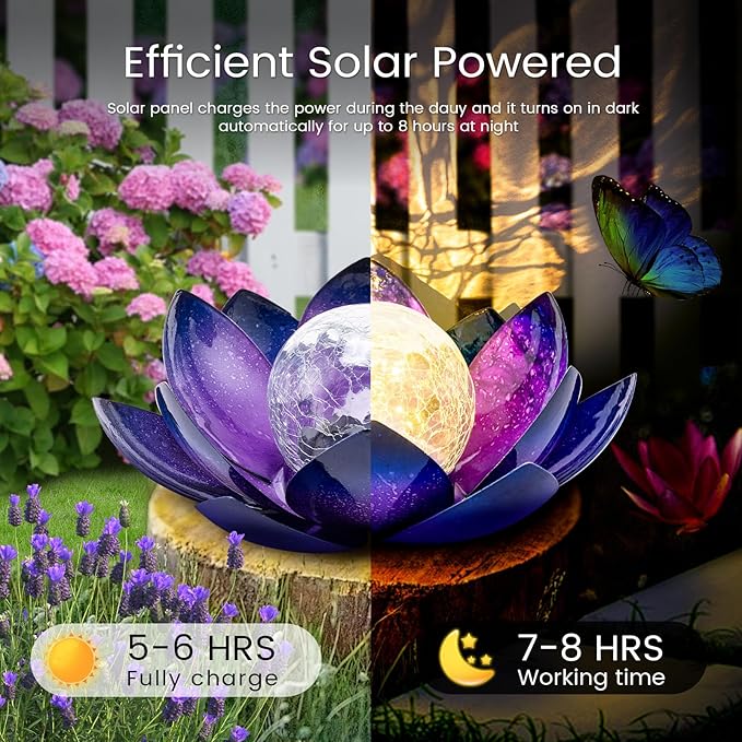 Huaxu Solar Lights for Outdoor Decor, Purple Lotus Flower Light, Waterproof LED Crackle Globe Glass Lamp for Garden, Patio, Yard, Porch, Pathway, Ground, Tabletop Christmas Gifts for Mom,Women-VerdiqueGarden