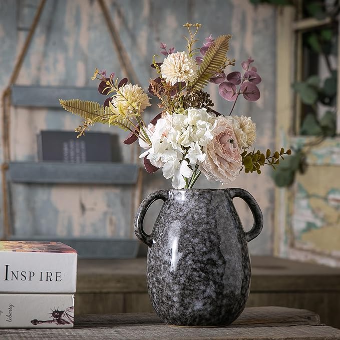 Black Ceramic Vase with 2 Handles, Modern Farmhouse Decor, Rustic Terracotta Pottery, Decorative Flower Vases, Clay Small Vase, Centerpiece for Dining Table - 7 Inch Tall-VerdiqueGarden