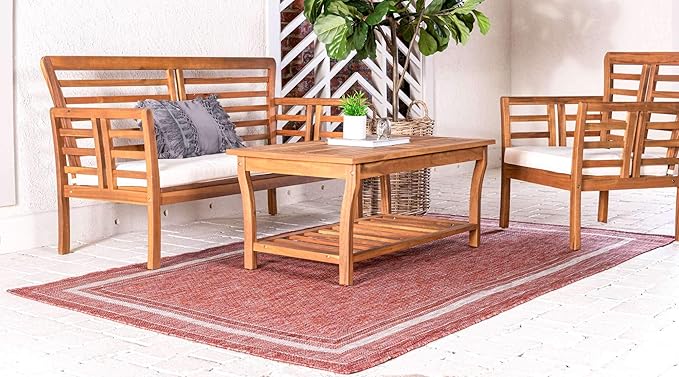 Unique Loom Outdoor Border Collection Area Rug - Soft Border (9'x 12' Rectangle, Rust Red/ Ivory)-VerdiqueGarden