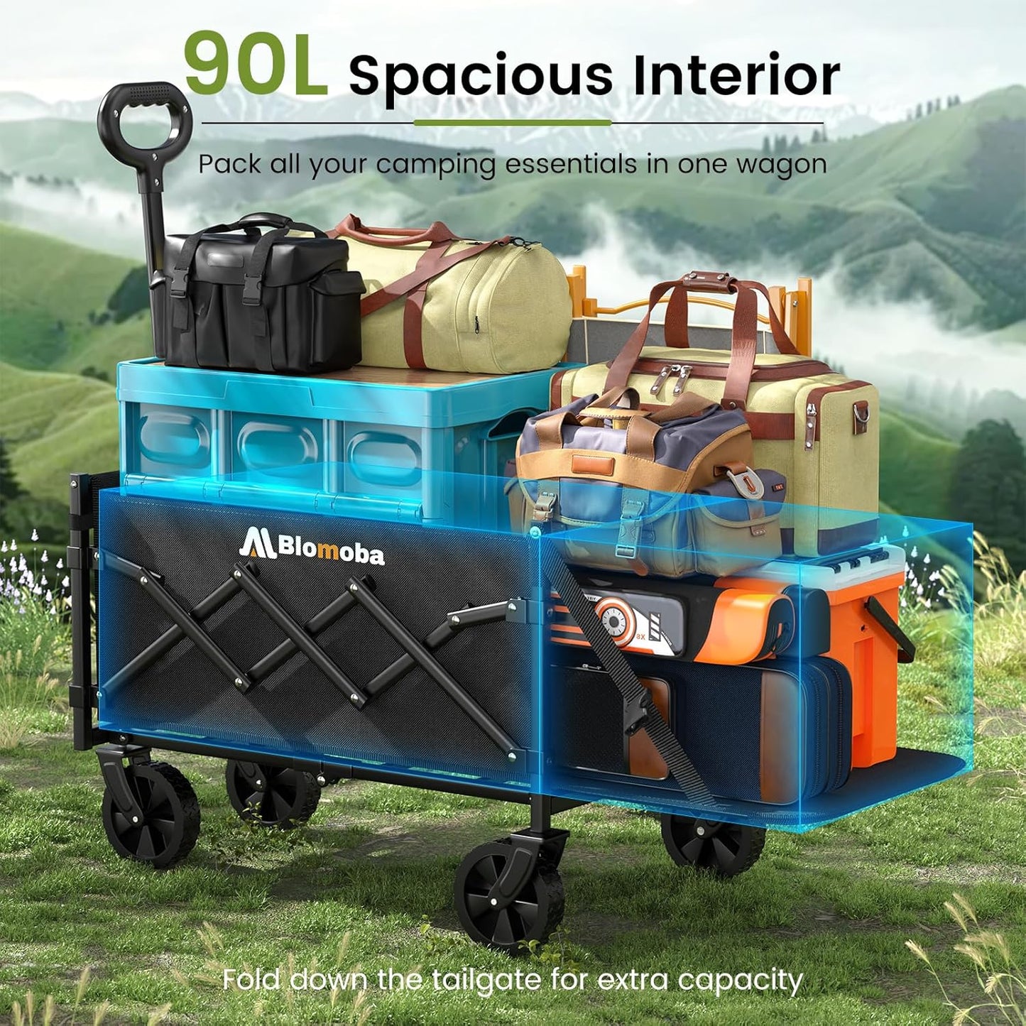 220LBS Foldable Wagon with All-Terrain Wheels, Portable Wagon Cart with Extended Tailgate, Adjustable Handle, Utility Cart for Camping, Shopping, Garden, Sports, Grocery, Black-VerdiqueGarden