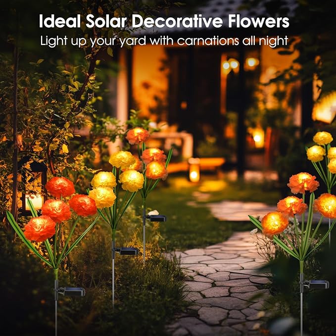 Solar Flowers Outdoor Waterproof, Solar Carnation Stake Lights Outside with 12 Real Looking Flowers for Yard Decorations Outdoor, Front Yard, Garden, Flower Bed, Lawn, Patio Decor (3 Pack)-VerdiqueGarden
