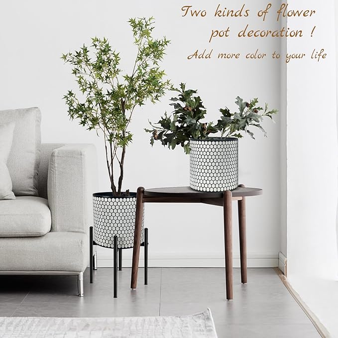 12 Inch Flower Pot Without Bracket with Drainage Holes Suitable for Indoor and Outdoor Decorative Planting (Black White Hexagon, 12 Inches)-VerdiqueGarden