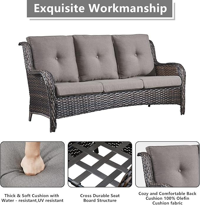 Outdoor Wicker Patio Furniture Set - 6 Piece Rattan Patio Conversation Set with 2 Rocking Swivel Chairs,2 Ottomans,1 Sofa and 1 Coffee Table for Porch Deck Backyard Garden(Brown/Grey)-VerdiqueGarden