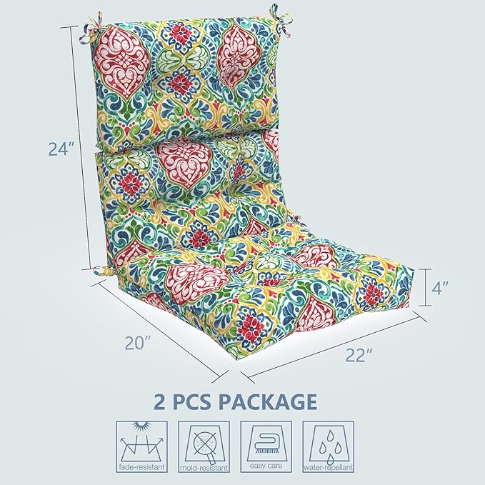 LVTXIII Outdoor Seat/Back Chair Cushion Patio Tufted High Back Cushion, Seasonal Replacement Rocking Chair Cushion with Ties, 22” W x 20D”, Set of 2, Damask Red-VerdiqueGarden