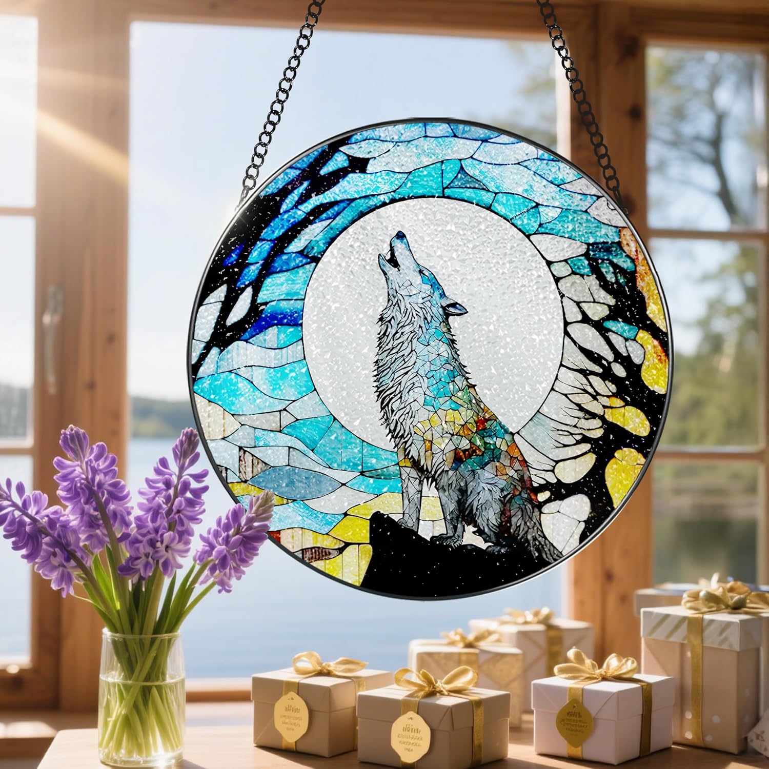 Stained Glass Window Hanging, Stained Glass Suncatcher, Wolf Sun Catcher, Window Decor, Wolf Lover Gift, Gifts for Fathers Day, Christmas or Birthday Gift, Gifts for Men Him Dad Grandfather Son-VerdiqueGarden