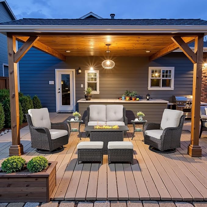 8 Piece Outdoor Patio Furniture Set - 41" CSA Propane Fire Pit Table Patio Conversation Set with Swivel Rocker Outdoor Chairs, Wicker loveseat and Ottoman for Outside Casual Gathering-VerdiqueGarden