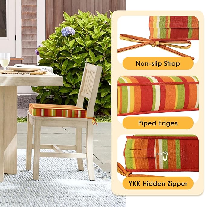 Outdoor Square Corner Seat Cushion, 19"x19"x3", Set of 4, Non Slip Seat Cushion Pads with Removable Cover for Patio Furniture, Garden Yard Lawn, Rainbow Stripe-VerdiqueGarden