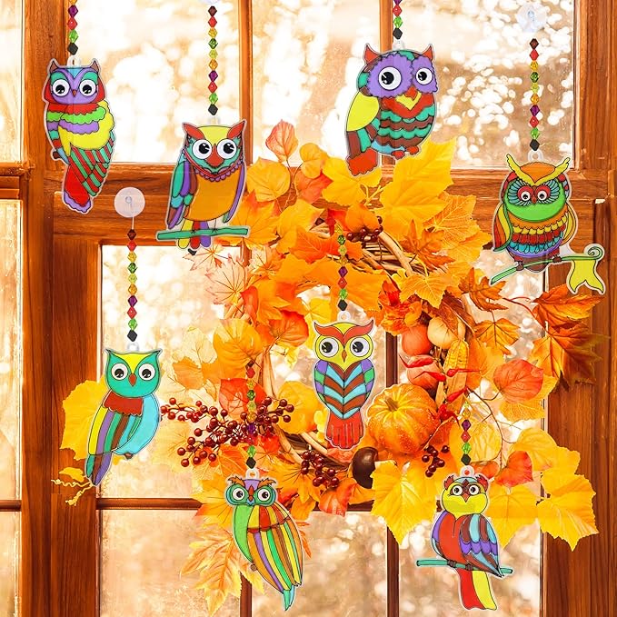 Winlyn 24 Sets Owl Suncatchers Ornaments Decorations DIY Window Paint Art Suncatchers Owl Craft Kits Sun Catchers for Kids Home Classroom Winter Holiday Season Fall Christmas Activities Party Favors-VerdiqueGarden