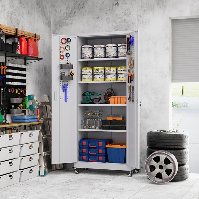 73" H Metal Garage Storage Cabinet with Wheels & Pegboard,Rolling Tool Cabinet with 2 Doors and 4 Shelves for Garage,Home,Office,Warehouse,Workshop, Required-Assembly,White-VerdiqueGarden