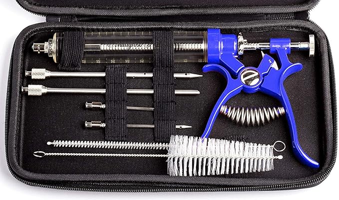 Meat Injector Marinade Gun Stainless Steel Outdoor Kit Flavor Food Syringes & 4 Marinades Needles for BBQ Grill Smoker Injectors Professional Syringe Held Culinary Barbecue Tool (Blue)-VerdiqueGarden