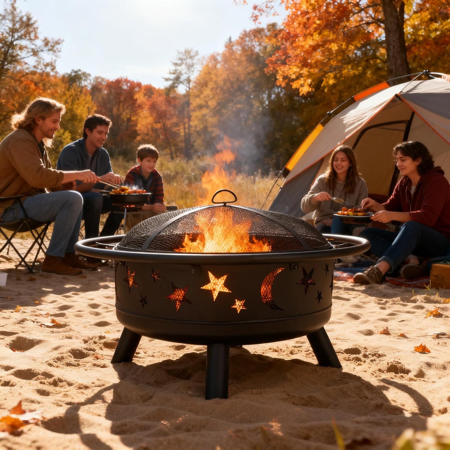 32" Round Wood Burning Fire Pit with Mesh Cover, Fire Poker, Star & Moon Cutouts, Metal Outdoor Firepit for Patio, Backyard, Garden, Bonfire, Camping, Christmas, Thanksgiving, Halloween-VerdiqueGarden