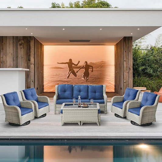 Wicker Patio Furniture Sets - 8 Piece Outdoor Rattan Furniture Conversation Sets with 4 Swivel Rocker Chairs, Rattan Sofa, Wicker Ottomans and Coffee Table, Light Grey/Blue-VerdiqueGarden