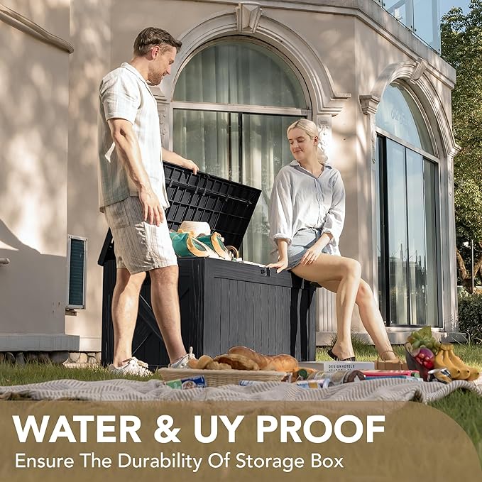 Devoko 120 Gallon Deck Box Resin Outdoor Storage Box Waterproof for Patio, Large Outdoor Storage Bench Lockable for Outside (Black)-VerdiqueGarden