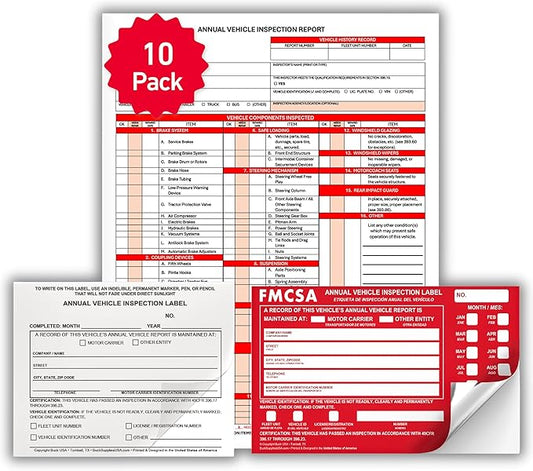 10 Pack 3-Ply Carbonless Annual Vehicle Inspection Report Forms with FMCSA Red Aluminum Labels & White Mylar Laminate Vinyl Labels, DOT Inspection Forms and Stickers, Shrink-Wrapped, 8.5" x 11.75"-VerdiqueGarden