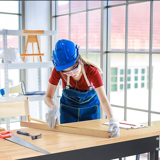 60" Adjustable Work Bench, Rubber Wood Top Workbench Heavy-Duty Work Table with Power Outlet with Wheels, 2000 LBS Load Capacity Hardwood Work Benches for Garage, Workshop, Home, Office, Easy Assembly-VerdiqueGarden
