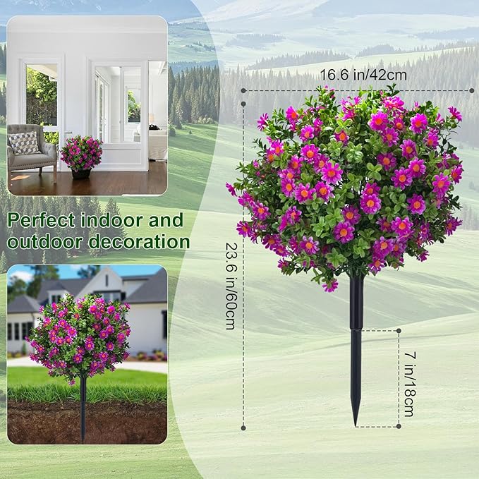 23.6" Artificial Boxwood Topiary Ball Trees with Purple Flowers, Set of 2 UV Resistant No Fade Outdoor Faux Plants with Ground Spike, Fake Shrubs for Garden, Patio, Porch, Yard, Indoor Decor-VerdiqueGarden