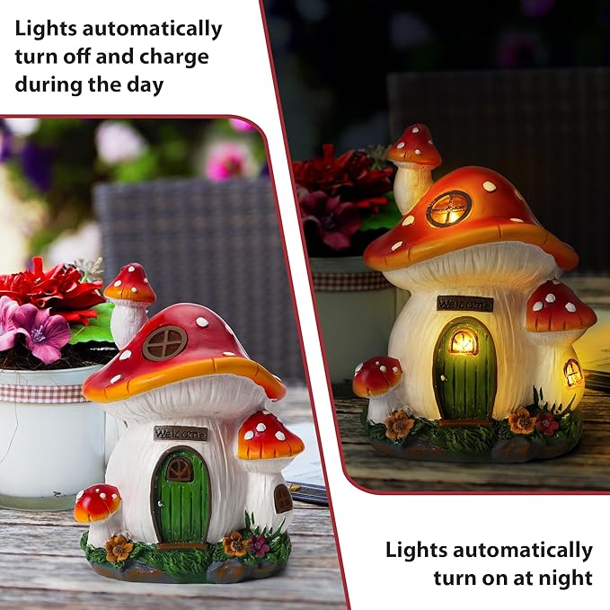 Mushroom House Garden Statue Outdoor, Solar Light Mushroom House Garden Figurines for Lawn, Balcony, Yard Decoration, Outdoor Garden Decoration-VerdiqueGarden