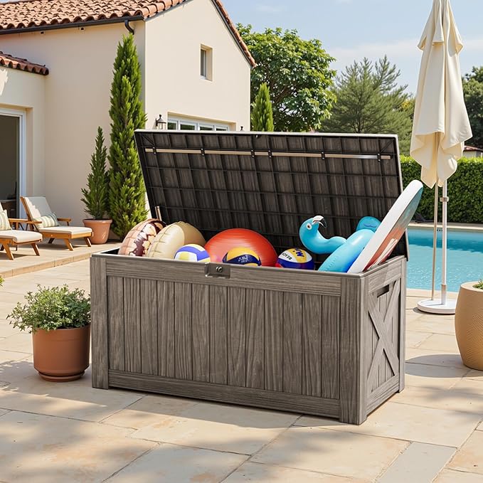 Greesum 120 Gallon Outdoor Storage Box with Lock - Large Resin Deck Box, Reinforced Lid for Garden, Patio, Lawn, Coffee-VerdiqueGarden